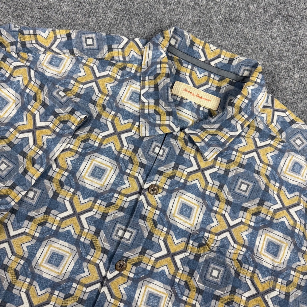Tommy Bahama Mens XL Silk Short Sleeve Button Down Shirt Geometric Tile Blue